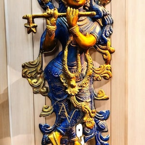Divine Krishna Brass Statue, 13.5 Inches Handcrafted Krishna with Flute, Hindu God Krishna Flute Murti | Home Temple Decor | Spiritual Gift
