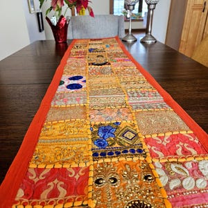 Handcrafted Indian Beaded Table Runner - Sari Patchwork Tapestry | Wall Hanging | Throw | Bohemian Decor