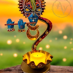 KrishnaTealight ランプ | キャンドルホルダー | 手描き | インドのティーライトランプ | ディワリギフト、新築祝いギフト、誕生日、置物 | 装飾