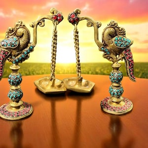 Exquisite Brass Stonework Peacock Diya Statue, Handcrafted Indian Home Decor & Puja Lamp, Oil Lamps for Home Decor ,  Spiritual Ambiance