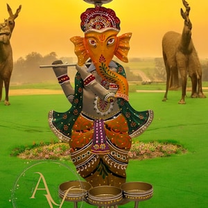 Musical Ganesha Tealight Holder | Hand painted Ganesha Candle Holder with Flute | Gift Item | Home Decor Items | Diwali Tealight Holder
