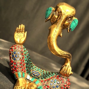 Handcrafted Brass Ganesha Statue with Turquoise Accents - Sacred Hindu Art - 8 Inch, Home Decor , Ganesh with Stone Work, Elephant Head God