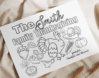 Kids Editable Canva Personalized Thanksgiving Place Mat, Coloring Sheet, Kids Birthday Favors, Coloring Page
