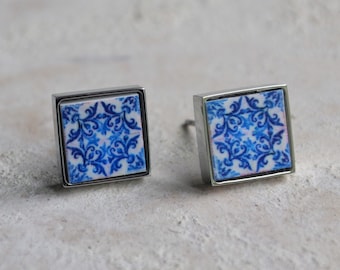 Stud Earrings Tile Atrio Portugal Antique Azulejo Tile Blue  - Church of Mercy PoRTO SOLID Stainless Steel Post Ships from USA 585 Small