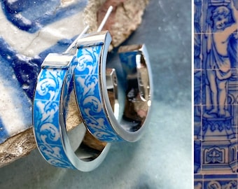 Atrio Small Hoop Earrings Portugal Tile Stainless Steel Azulejo  1" Évora Chapel of the Bones 16th Century Post USA Shipping Gold or Silver