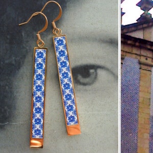 Earrings Bar Portugal Tile Atrio Matchstick Blue Azulejos  Igreja de Sao Nicolau, 1671 Stainless Steel USA Shipping 2 Options