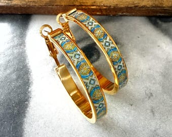 Atrio Earrings 1.25" Hoops Tile Portugal Stainless Steel Antique Azulejo - Palacio Fonte Nova 1743 stables