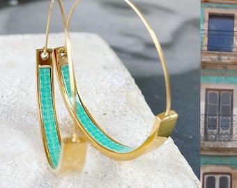 Hoop Earrings Atrio Portugal Tile Turquoise Azulejo Caldas da Rainha Persian Tiles Gift Boxed Stainless Steel Hypo Allergenic Gold 1.50