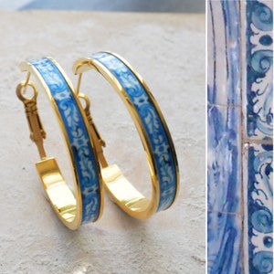 Hoops Earrings Hoop Atrio Tile Blue Portugal  STAINLESS STEEL Azulejo University of Evora  Delicate 1.25&quot; Ships from USA gold tone