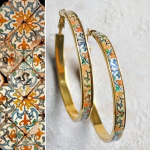 HOOP Earrings ATRIO Portugal Tile Antique Azulejo Pinterest CoIMBRA 1590 Gold or Silver Stainless Steel 2" (5cm) - Ships from USA