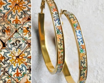 HOOP Earrings ATRIO Portugal Tile Antique Azulejo Pinterest CoIMBRA 1590 Gold or Silver Stainless Steel 2&quot; (5cm) - Ships from USA