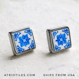 Earrings STUD Portugal Atrio Blue Tile Azulejos Post Blue Igreja de Sao Nicolau, 1671 Solid Stainless Steel - Gift Boxed  USA Shipping 493