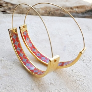 Hoops Atrio Earrings Tile Portugal Stainless Steel Flat Bottom Antique Azulejo - RED Tiles USA Shipping NEW 1.75&quot; or 4.5cm Lightweight