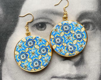 LIMITED EDITION Earrings Tile Atrio Portugal Gold Blue Azulejos Alcobaça Monastery 17th Century Tiles Reversible