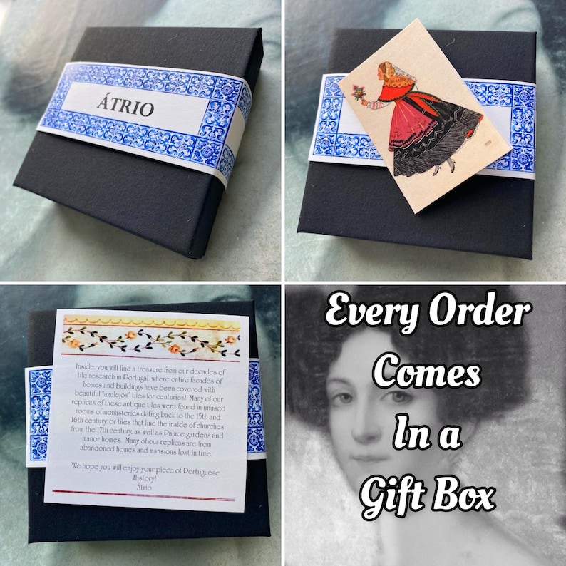 May include: A black gift box with a white label that says "&Aacute;TRIO" and a small image of a woman in a traditional Portuguese dress. The box is sitting on a white surface. The text "Every Order Comes In a Gift Box" is written in white on a black background.