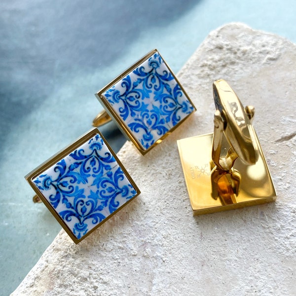 Atrio Cuff Links Portugal Tile Antique Azulejo Blue Groom Father Husband Church Mercy PORTO Built in 1590 Gold or Silver Stainless Steel