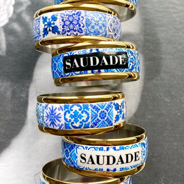 Atrio SAUDADE Bangle Bracelet Portugal Tile Blue Azulejo Stainless Steel Gold Tone - SMALL or Medium  Ships from USA
