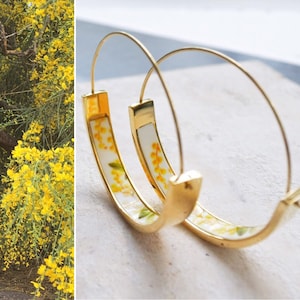 Hoops Earrings Atrio MIMOSA Yellow Flowers Portugal Stainless Steel Acacia  -  1.5"  Orrechini Italy Italian Ships from USA