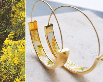 Hoops Earrings Atrio MIMOSA Yellow Flowers Portugal Stainless Steel Acacia  -  1.5"  Orrechini Italy Italian Ships from USA