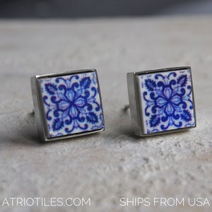 STUD Earrings Portugal Tile Antique Aveiro Espiga  Ships from USA - Blue SOLID Stainless Steel Post - Gift box Included 1747 Small