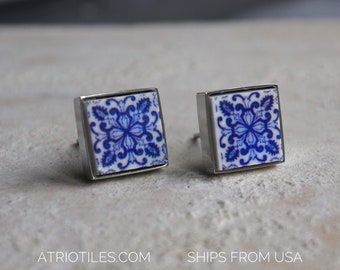 STUD Earrings Portugal Tile Antique Aveiro Espiga  Ships from USA - Blue SOLID Stainless Steel Post - Gift box Included 1747 Small