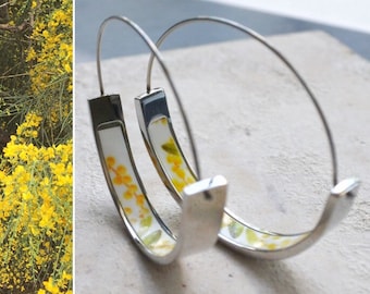 Hoops Earrings Atrio MIMOSA Yellow Flowers Portugal Stainless Steel Acacia  -  1.5"  Orrechini Italy Italian Ships from USA