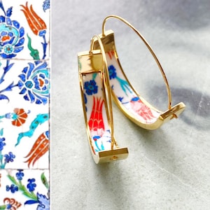 Atrio Hoops Earrings PERSIAN Arab Turkish İznik Pottery Ottoman Islamic Tulip  -  USA Shipping 1&quot; Stainless Steel with Gold wash
