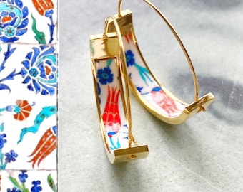 Atrio Hoops Earrings PERSIAN Arab Turkish İznik Pottery Ottoman Islamic Tulip  -  USA Shipping 1" Stainless Steel with Gold wash