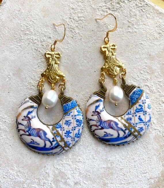 Earrings Spanish Talavera De La Reina 17th Century Pottery