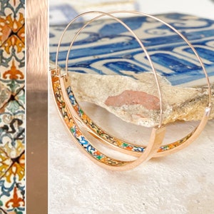 HOOP Earrings ATRIO Portugal Tile Antique Azulejo Delicate CoIMBRA 1590 - Rose Gold Stainless Steel 2&quot; Gift Box Included - Ships from USA