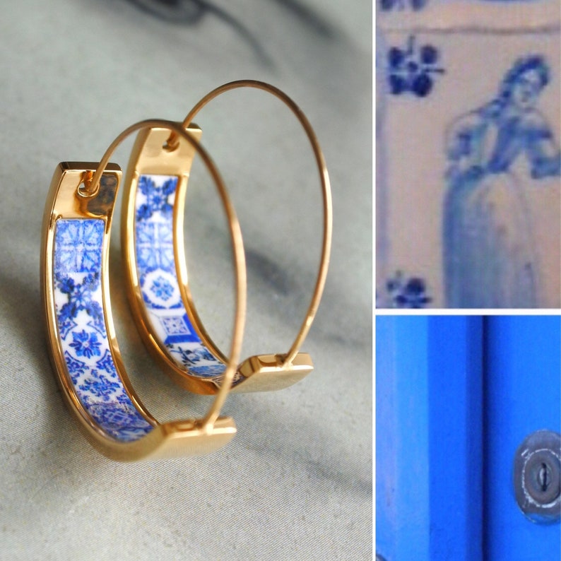 May include: A pair of gold hoop earrings with a blue and white patterned design. The pattern is reminiscent of traditional Portuguese tiles.