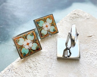 Cuff Links Atrio Portugal Tile Atrio Azulejo Lotus Caldas Rainha Bordallo Pinheiro Art Nouveau Deco Gold or Silver Stainless Stee