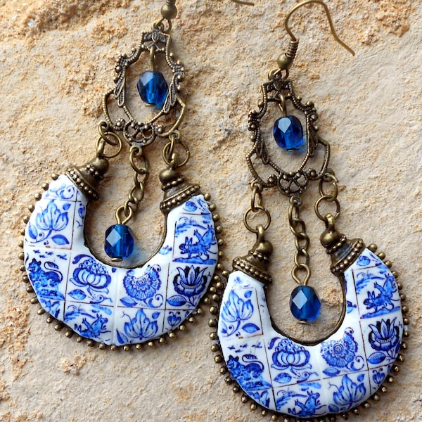 Ethnic Bohemian Gypsy Persian EARRINGs Portugal Antique Azulejo Tile ChANDELIER - CoIMBRA 1690 Blue Delft  Boho Hippie  USA Shipping
