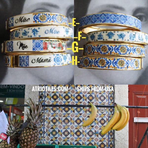 Personalized  BRACEleT Custom Bangle Stainless Steel Atrio Portugal Tile Grandma Mae Mom Mamã Avó Vovó Mother's Day Side Closure