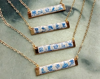 Necklace Bar ATRIO Tile Portugal Antique Azulejo 14K Gold Filled Chain  Delft Pasteis de Belem Minimal  -  Ships from USA