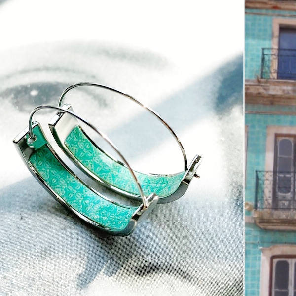 Pendientes de aro pequeños Atrio con azulejos de Portugal, turquesa, Azulejo de Caldas da Rainha, en caja de regalo, acero inoxidable macizo, hipoalergénico, 2,5 cm