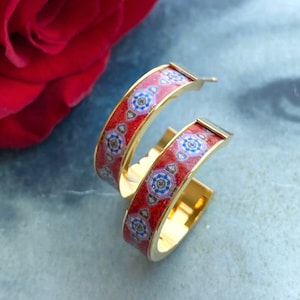 Earrings ATRIO Hoops RED Post Tile Portugal Stainless Steel Antique Azulejo  Gift for her Ships from USA Gold or Silver 1&quot; Valentine&#39;s Gift