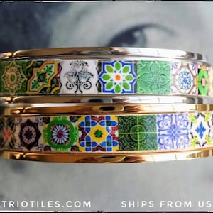 Atrio Bangle Green Tile Bracelet Stainless Steel Portuguese Azulejo Tiles Made to order Side Closure