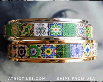 Atrio Bangle Green Tile Bracelet Stainless Steel Portuguese Azulejo Tiles Made to order Side Closure