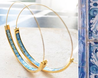 Hoops Atrio Earrings Tile STAINLESS STEEL Portugal Antique Azulejo Wire Flat Bottom University of Evora - Lightweight - 2"  Ships from USA