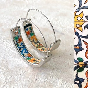HOOP Earrings ATRIO Portugal Tile Antique Azulejo Pinterest CoIMBRA 1590 - Stainless Steel 1" Gift Box Included - Ships from USA Silver Tone