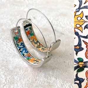 HOOP Earrings ATRIO Portugal Tile Antique Azulejo Pinterest CoIMBRA 1590 - Stainless Steel 1&quot; Gift Box Included - Ships from USA Silver Tone
