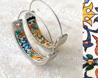 HOOP Earrings ATRIO Portugal Tile Antique Azulejo Pinterest CoIMBRA 1590 - Stainless Steel 1" Gift Box Included - Ships from USA Silver Tone