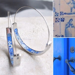 Hoops Earrings Hoop Atrio Tile Blue Azulejo Portugal  STAINLESS STEEL Pinterest  Delicate 1.50&quot; Ships from USA