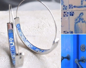 Hoops Earrings Hoop Atrio Tile Blue Azulejo Portugal  STAINLESS STEEL Pinterest  Delicate 1.50" Ships from USA