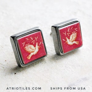 Post Stud Earrings by Atrio Doves Chapel Frescoes PINK  SOLID Stainless Steel- National Palace of Sintra - Doves- Gift Box 489