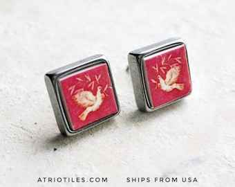 Post Stud Earrings by Atrio Doves Chapel Frescoes PINK  SOLID Stainless Steel- National Palace of Sintra - Doves- Gift Box 489
