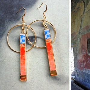 Atrio Earrings Circle Bar Matchstick Portugal Tile Azulejo  Aveiro, Red Pompeii Frescoes Italian Italy Brass Reversible 2 Options