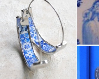 Hoops Earrings Atrio Tile Flat Bottom Portugal Stainless Steel Antique Azulejo -  1"  Blue Tiles USA Shipping Girls Women Small