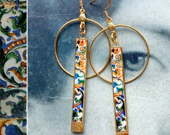 Atrio Hoop Earrings Ethnic Hoops Persian Hoops Tiles Quinta da Bacalhôa Azeitão Portugal  Majolica Stainless Steel Hypoallergenic  Tribal